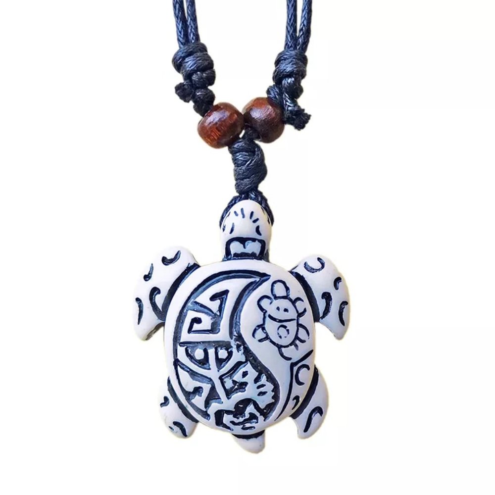 White‎ Wood Turtle Pendant Rope Necklace Coqui Taino Sun, Cotton Cord Yin Yang